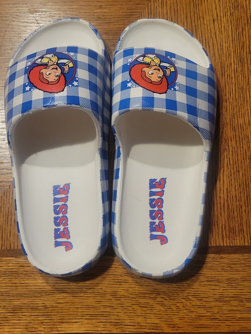 Jessie Womens Or Kids Disney Toy Story Slide Sandals in Blue Gingham